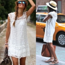 Fashion Lace Spliced Sleeveless Round Neck Dress