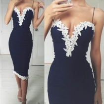 Sexy Lace Spliced Deep V-neck Slim Fit Sling Party Dress