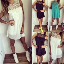 Fashion Hollow Out Lace Spliced Sleeveless Chiffon Dress