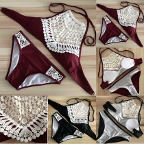 Sexy Contrast Color Lace Spliced Halter Bikini Set