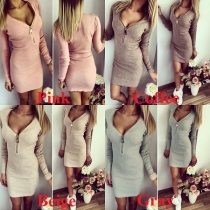 Fashion Solid Color Long Sleeve Zipper V-neck Slim Fit Dress
