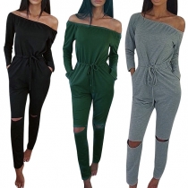 Sexy Solid Color Off Shoulder Long Sleeve Drawstring Waist Ripped Jumpsuit