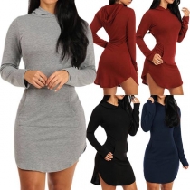 Casual Style Long Sleeve Hooded Slit Hem Sweatshirt Dress