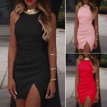 Fashion Solid Color Sleeveless Round Neck Slit Hem Slim Fit Dress