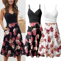 Sexy Backless V-neck Printed Spliced Hem High Waist Sling Dress
