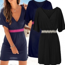 Sexy Deep V-neck Contrast Color High Waist Short Sleeve Beach Dress