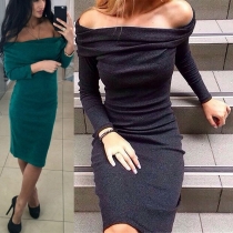 Sexy Solid Color Off Shoulder Long Sleeve Slim Fit Dress