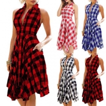 Fashion Sleeveless POLO Collar Irregular Hem Plaid Dress
