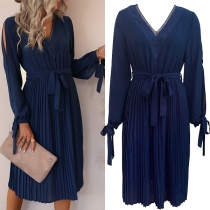 Fashion Lace Spliced V-neck Slit Long Sleeve Self-tie Pleated Dress