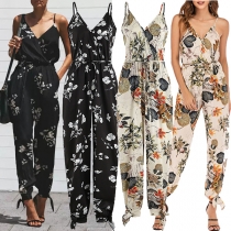 Sexy Backless V-neck High Waist Printed Sling Jumpsuit