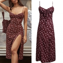 Sexy Backless V-neck Slit Hem Slim Fit Sling Printed Dress for Summer Wear
