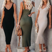 Sexy Solid Color Sleeveless V-neck Ribbed Bodycon Dress