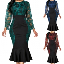 Vintage Elegant Semi-sheer Floral Embroidered Contrast Color A-lined Party Dress