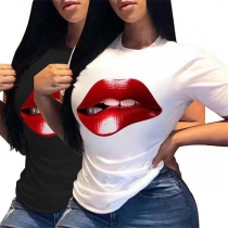 Lösa, sexiga kortärmade T-shirts med röda läpptryck - Toppar för alla tillfällen