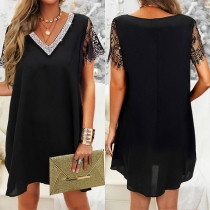 Casual Rhinestone Lace Spliced Mini Dress