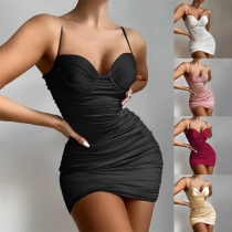 Sexy Solid Color Ruched V-neck Bodycon Slip Dress