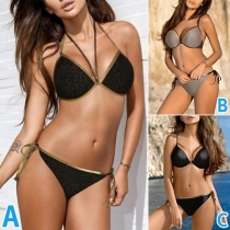Sexy Contrast Color Self-tie Halter Bikini Set