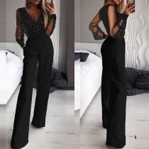 Sexig Långärmad Jumpsuit med Hög Midja och Djup V-ringning, i Sexig Genomskinlig Spets och Gjord av Gauze