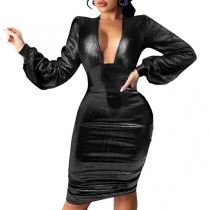 Sexy Deep V-neck Long Sleeve High Waist Slim Fit Purple Party Dress