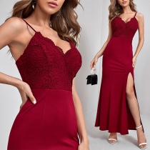 Sexy Backless V-neck Slit Hem Lace Spliced Sling Party Dress