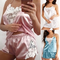 Sexig rygglös spetsskarvad Sling Topp + Shorts Nattkläder Uppsättning