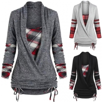 Fashion Plaid Spliced Long Sleeve Drawstring Hem Sweatshirt