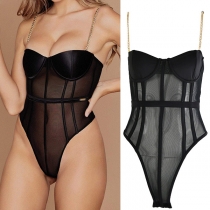 Sexy Backless V-neck Sheer Gauze Chain Sling Bodysuit