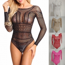 Sexig rundhalsad långärmad Rhinestone-skärning med utsparningar och genomskinligt material
