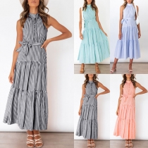 Fashion Stripe Printed Mock Neck Sleeveless Self-tie Tiered Dress