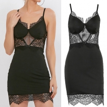 Sexy Backless V-neck Hollow Out Lace Spliced Slim Fit Sling Dress