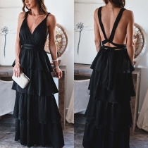 Sexy Solid Color  V-neck Backless Self-tie Cross-criss Tiered Wrap Dress