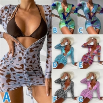 Sexy Floral Printed Three-piece Set Bikini Set Consist of Halter Bikini Top, Self-tie Bikini Bottom and Ruched Swim cover-up
