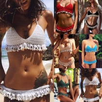 Sexig Virkad Spets Tofs Bikini Set