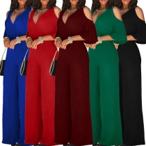 Sexig enfärgad ärmlös V-ringad hög midja, rygglös jumpsuit med vida ben