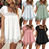 Casual Lace Spliced Scoop Neck Short Sleeve Shirt