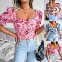 Sexy Floral Printed Smocked Puff Sleeve Sweetheart Neckline Shirt