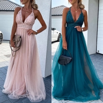 Sexy Lace Spliced High-Slit Gauze Spliced Halter Party Dress