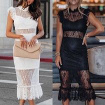 Sexy Semi-through Mock Neck Ruffle Henline Bodycon Lace Dress