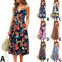 Fashion Floral Printed V-neck Slip Dress