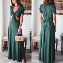 Sexy Self-tie V-neck Short Sleeve Cutout Slit Maxi Dress