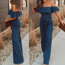 Sexigt off-shoulder jumpsuit med volang och utsvängda ben