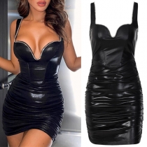 Sexy Rhinestone Deep V-neck Ruched Artificial Leather PU Bodycon Dress