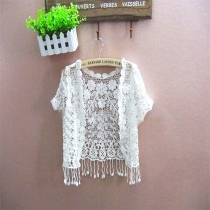 Beige/Black Cotton Tassel Crochet Hollow Open Vest Cardigan Top Waistcoat Women