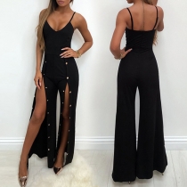 Sexig Enfärgad Knäppbar Slits Cami Jumpsuit med Vida Ben
