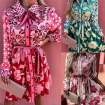 Fresh Style Floral Printed Buttoned Polo Neck Long Sleeve Belt-tie Shirt Dress