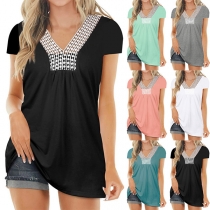 Casual Lace Spliced V-neck Short Sleeve Shirt