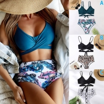 Sexy Floral Printed Hight Waist Cross-criss Bikini Set