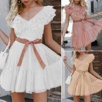 Fashion Solid Color Swiss Dot Ruffled V-neck Tiered Party Dress