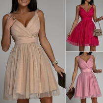 Bling-bling Gauze Spliced Ruched V-neck Party Dress