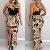 Sexy Floral Printed V-neck Slit Bodycon Slip Maxi-Dress